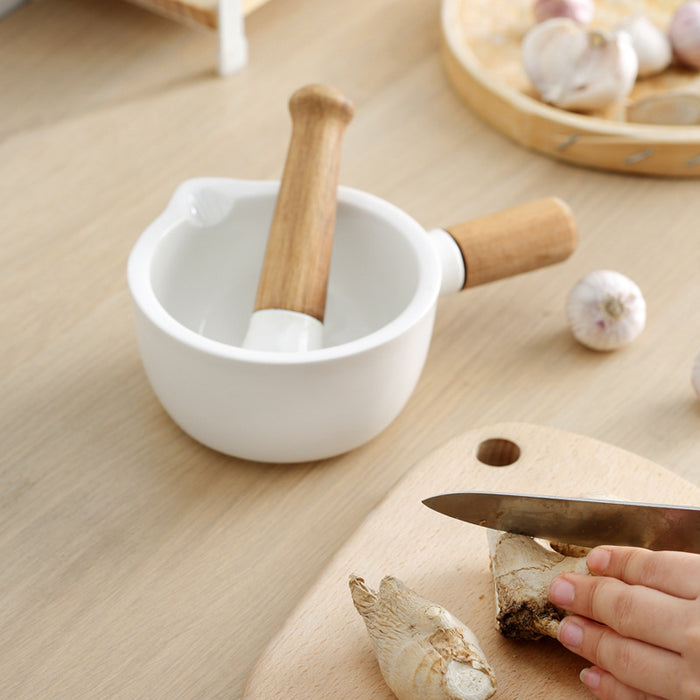 Artisan Ceramic and Acacia Wood Mortar and Pestle