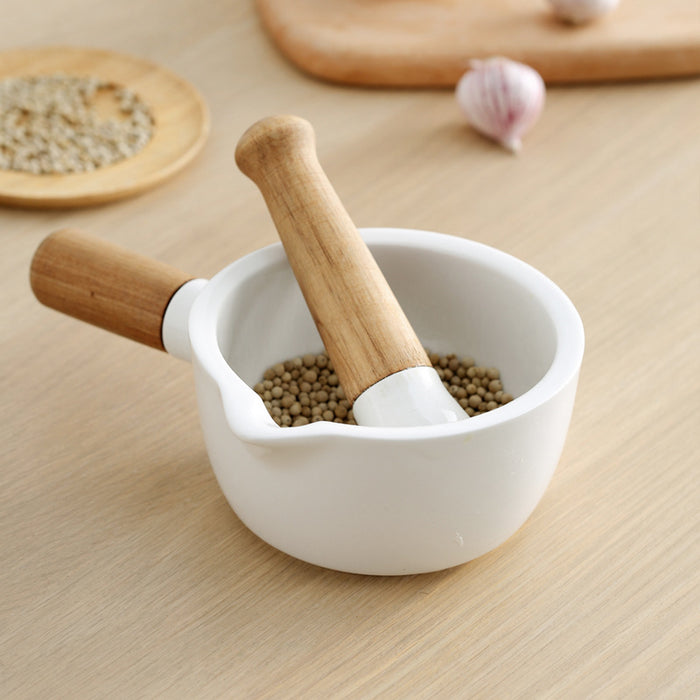 Artisan Ceramic and Acacia Wood Mortar and Pestle