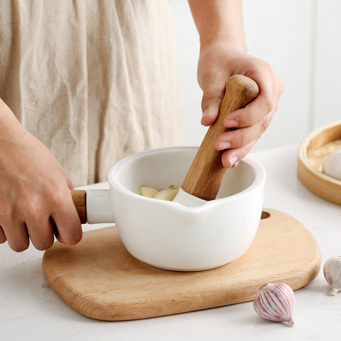 Artisan Ceramic and Acacia Wood Mortar and Pestle