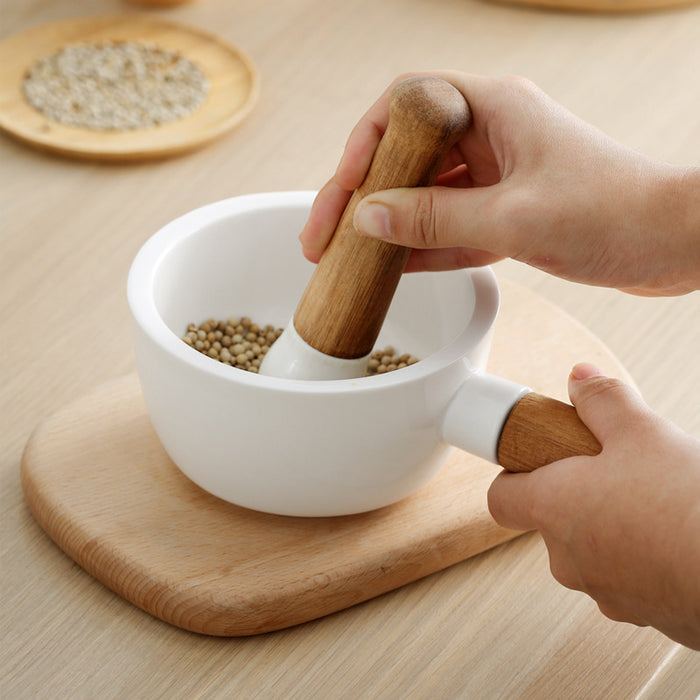 Artisan Ceramic and Acacia Wood Mortar and Pestle